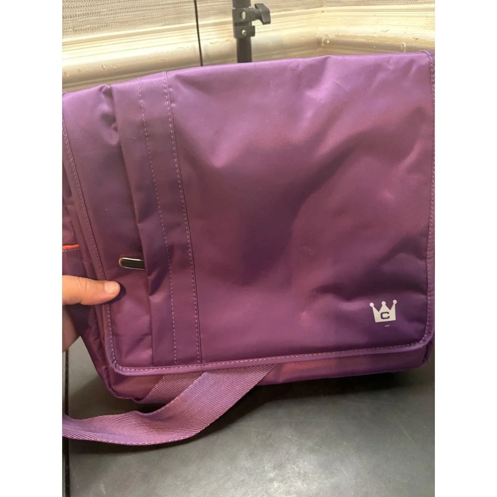 Purple Messenger Bag with Orange Lining Crown Logo Nylon Laptop Crossbody Strap
